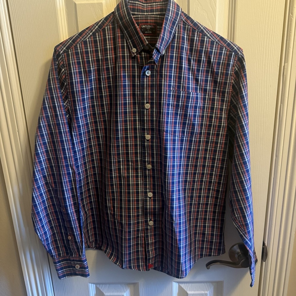 Untuckit Boys Bottom Down Shirt Blue White Red Check Long Sleeve 14